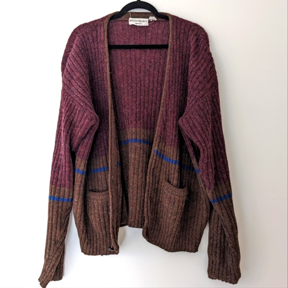 Yves Saint Laurent Two-Tone Brown & Burgundy Ribbed Wool Cardigan Sweater